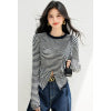 Chic Knit Sweater with Stretch Stripes, Round Neck, Long Sleeve, Casual Office Wear Top