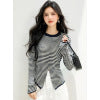 Chic Knit Sweater with Stretch Stripes, Round Neck, Long Sleeve, Casual Office Wear Top