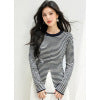 Chic Knit Sweater with Stretch Stripes, Round Neck, Long Sleeve, Casual Office Wear Top