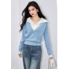 French Style Knit Sweater for Women Color-Blocking Stitched, Long Sleeve Casual Wear