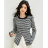Chic Knit Sweater with Stretch Stripes, Round Neck, Long Sleeve, Casual Office Wear Top